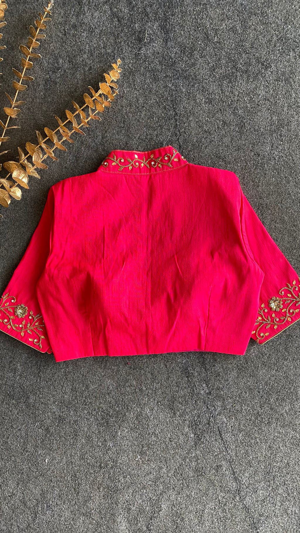 Pink silk collar & sleeves hand worked blouse