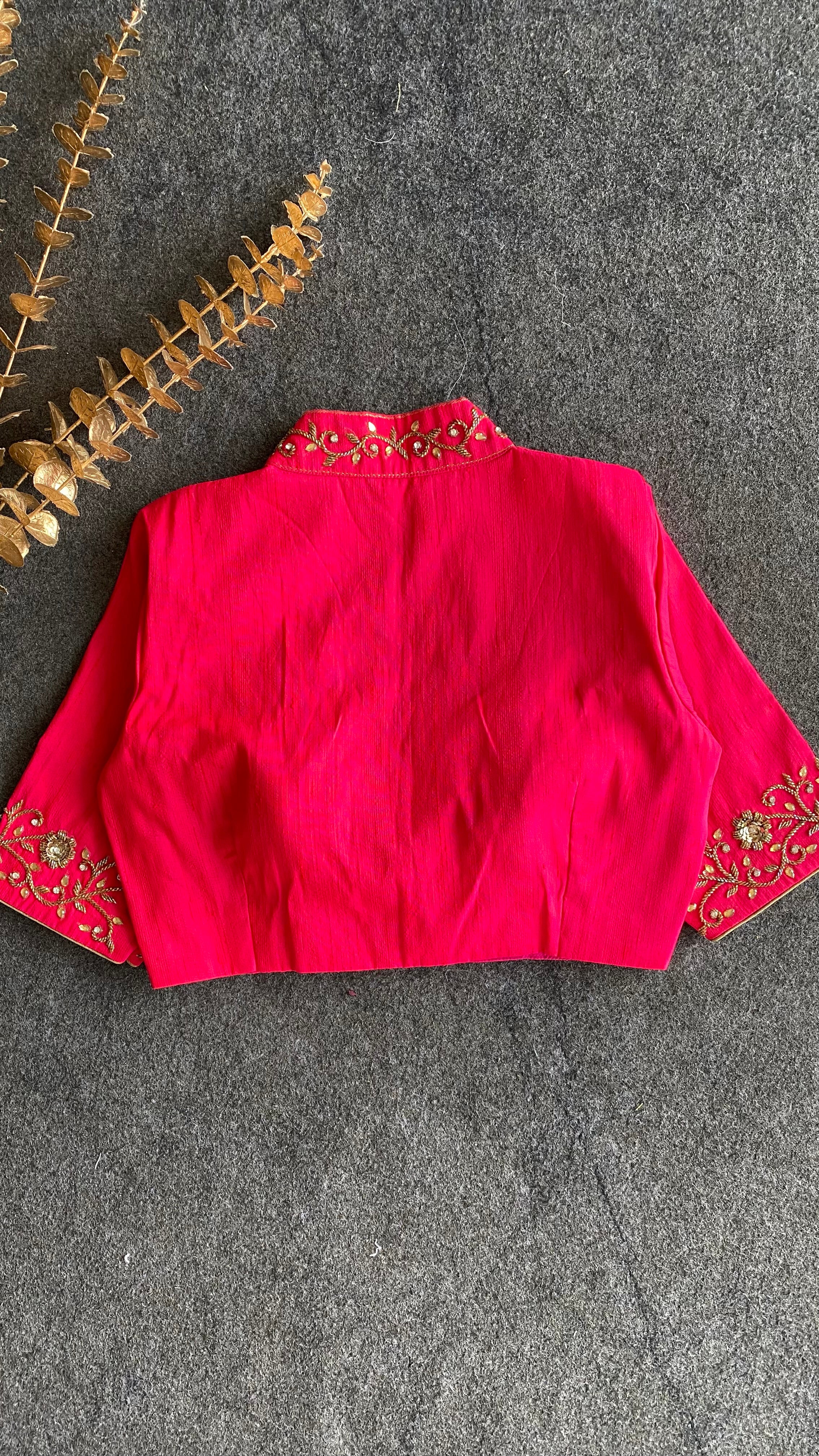 Pink silk collar & sleeves hand worked blouse