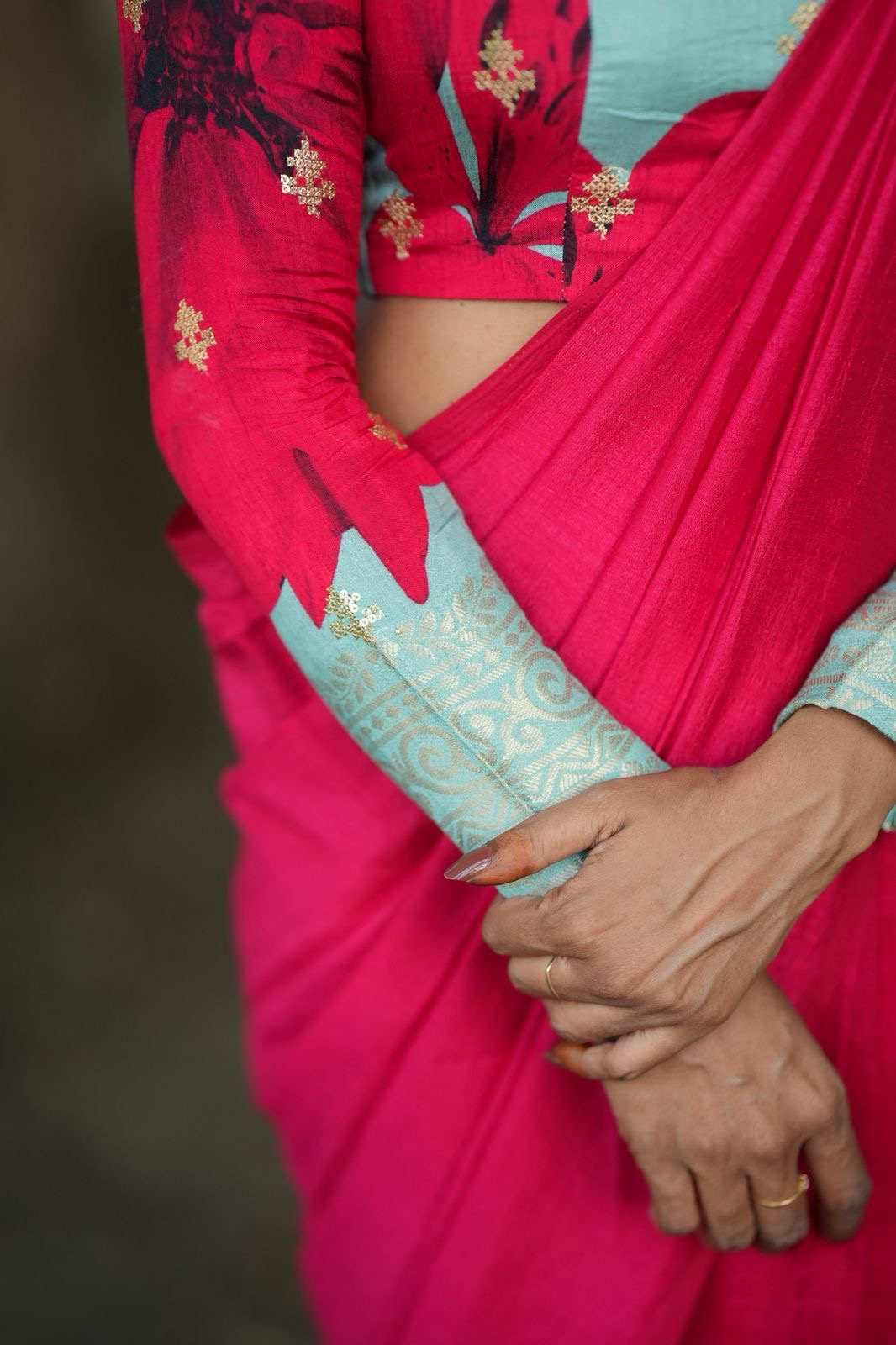Pink marble silk saree with  embroidery blouse