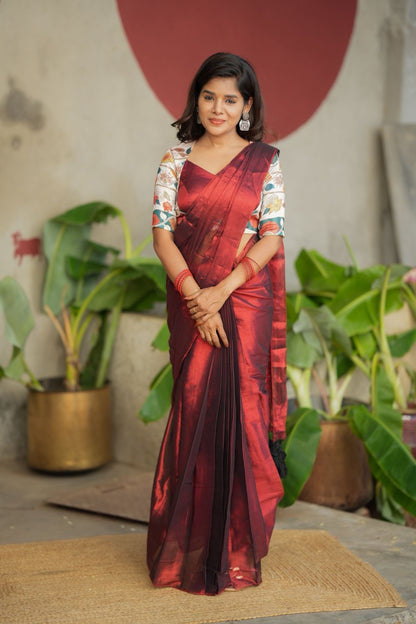 Wine soft tissue saree with floral blouse