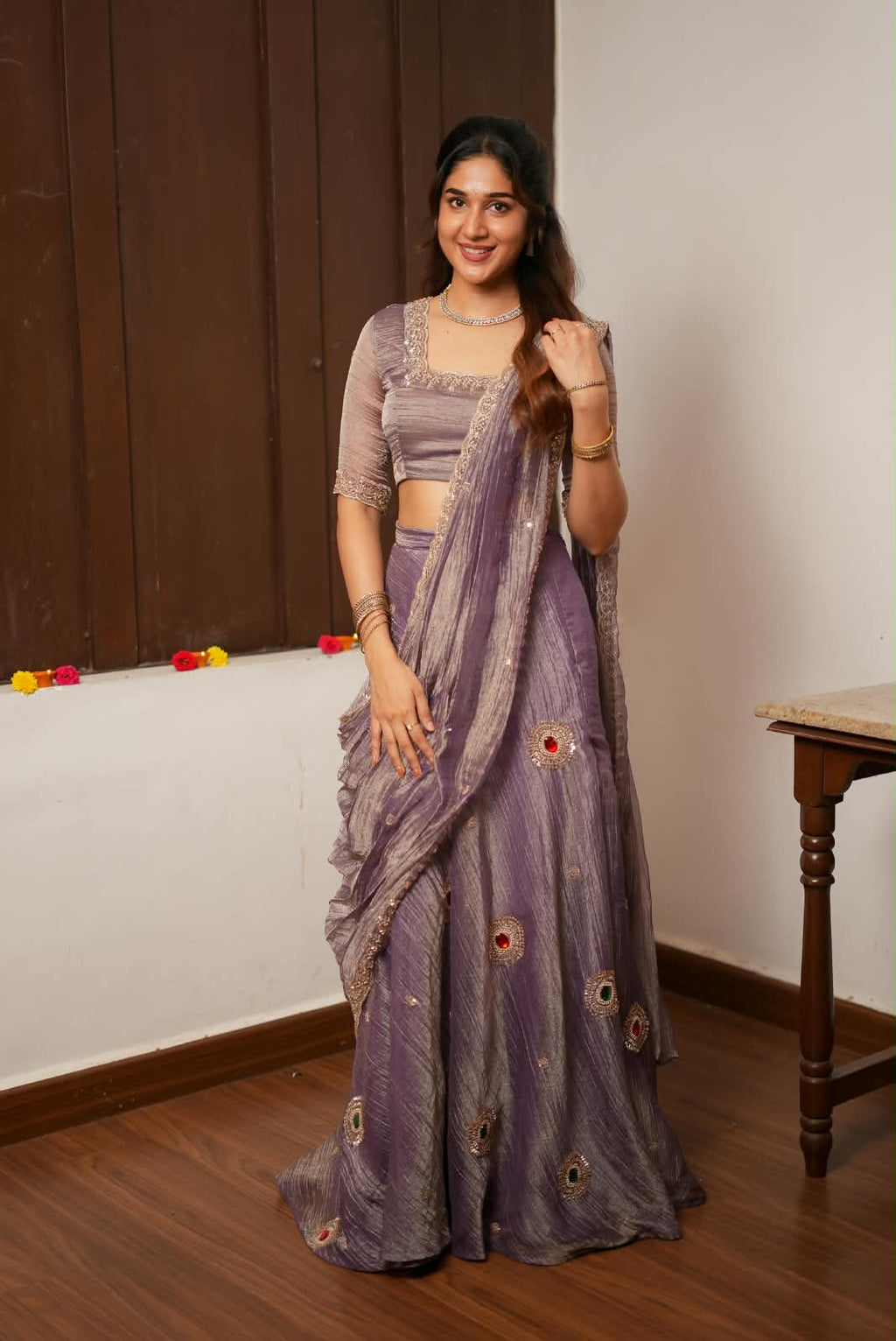 Lavender tissue handmade lehenga with blouse