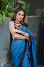Blue mul chanderi saree with mirror work blouse