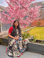 Blue dola silk kalamkari saree with maroon hand work blouse