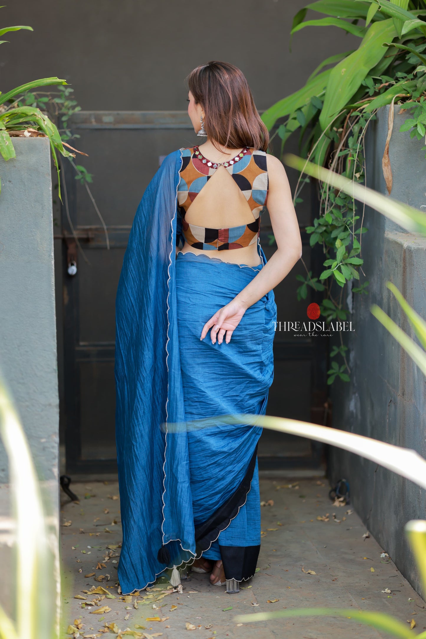 Blue mul chanderi saree with mirror work blouse