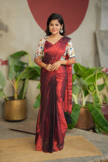 Wine soft tissue saree with floral blouse