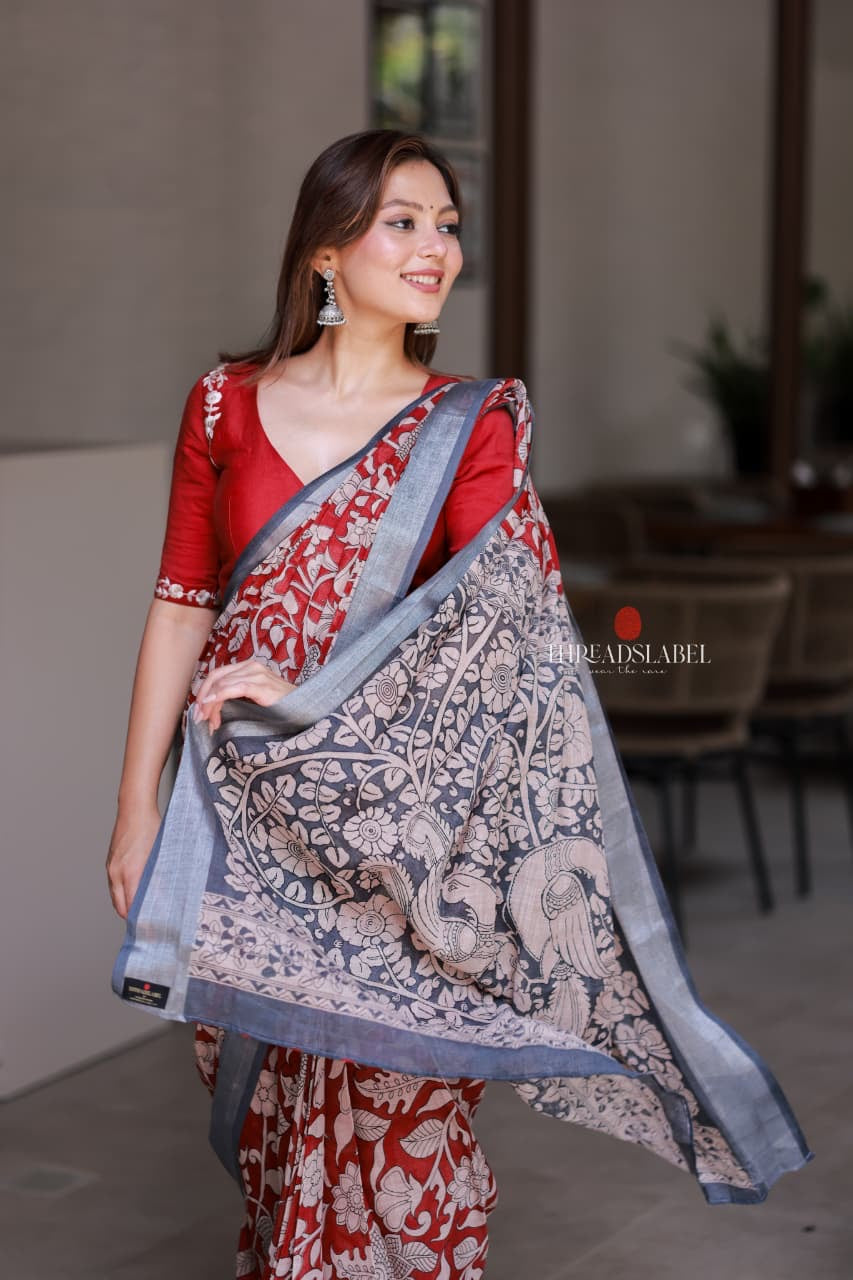 Reddish maroon linen cotton kalamkari saree with embroidery blouse