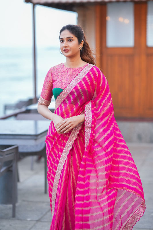 Pink organza silk saree with banarasi blouse