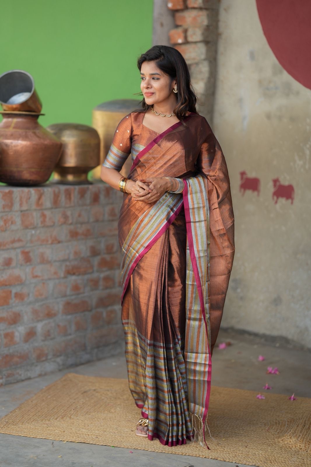 Copper soft tissue saree with handwork blouse