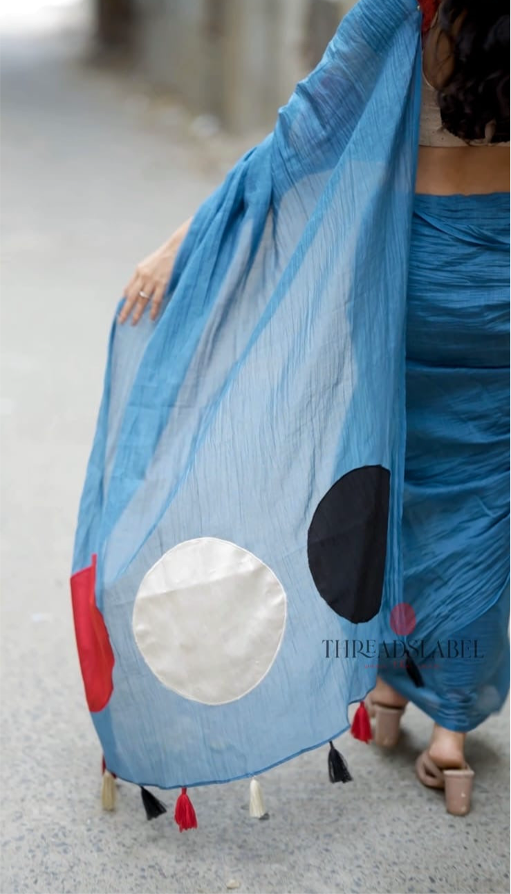 Blue malai chanderi saree with embroidery ajrak blouse
