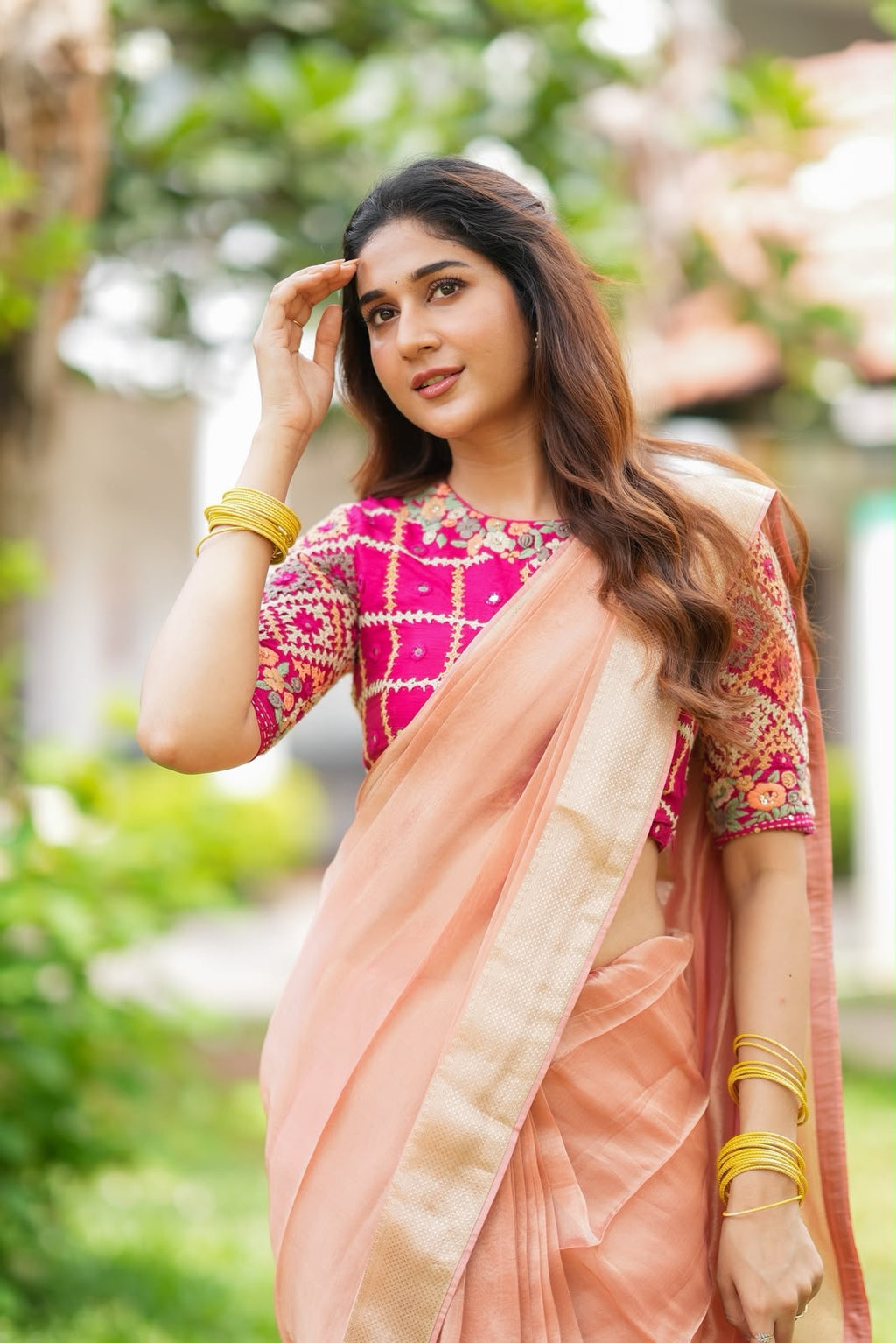 Peach banarasi saree with silk hand work blouse