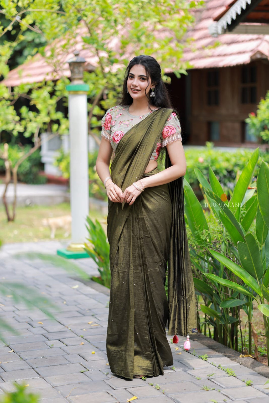 Bottle green Marble Saree with Handwork Blouse