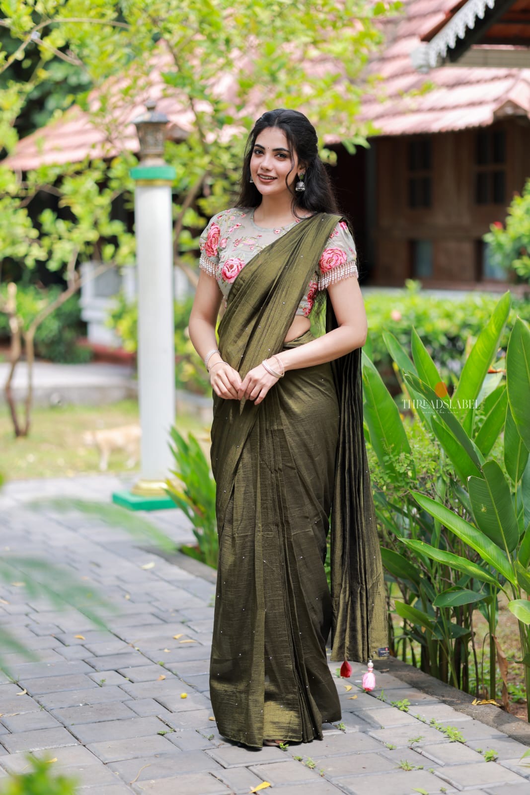 Bottle green Marble Saree with Handwork Blouse