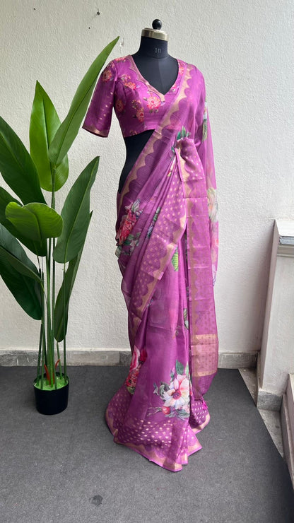 Light megenta kota floral saree with blouse