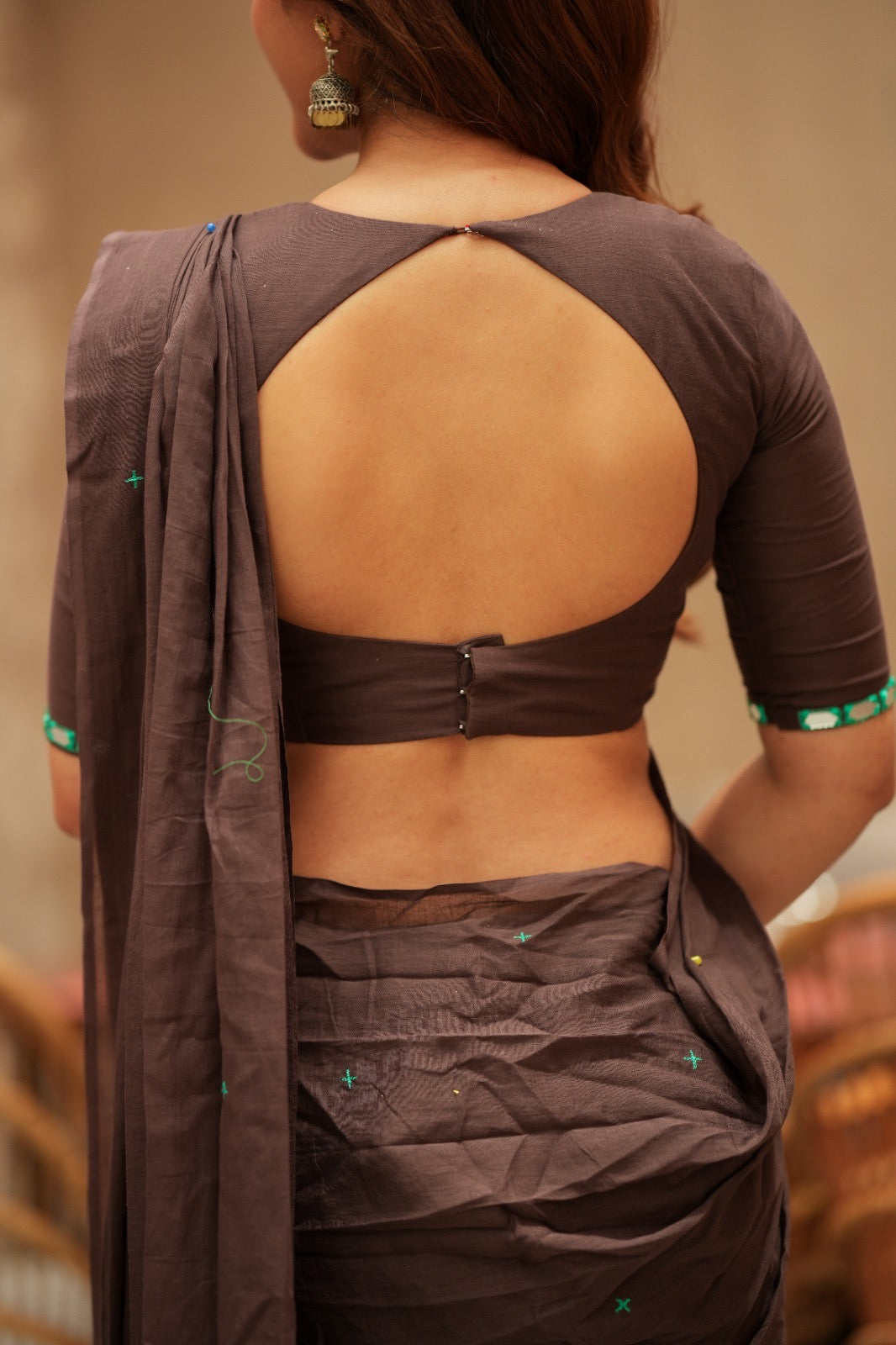 Dark brown mul chanderi with mirror blouse