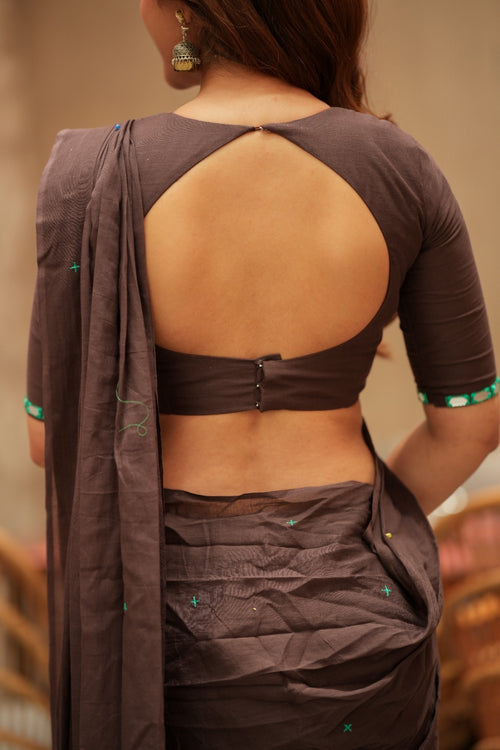 Dark brown mul chanderi with mirror blouse