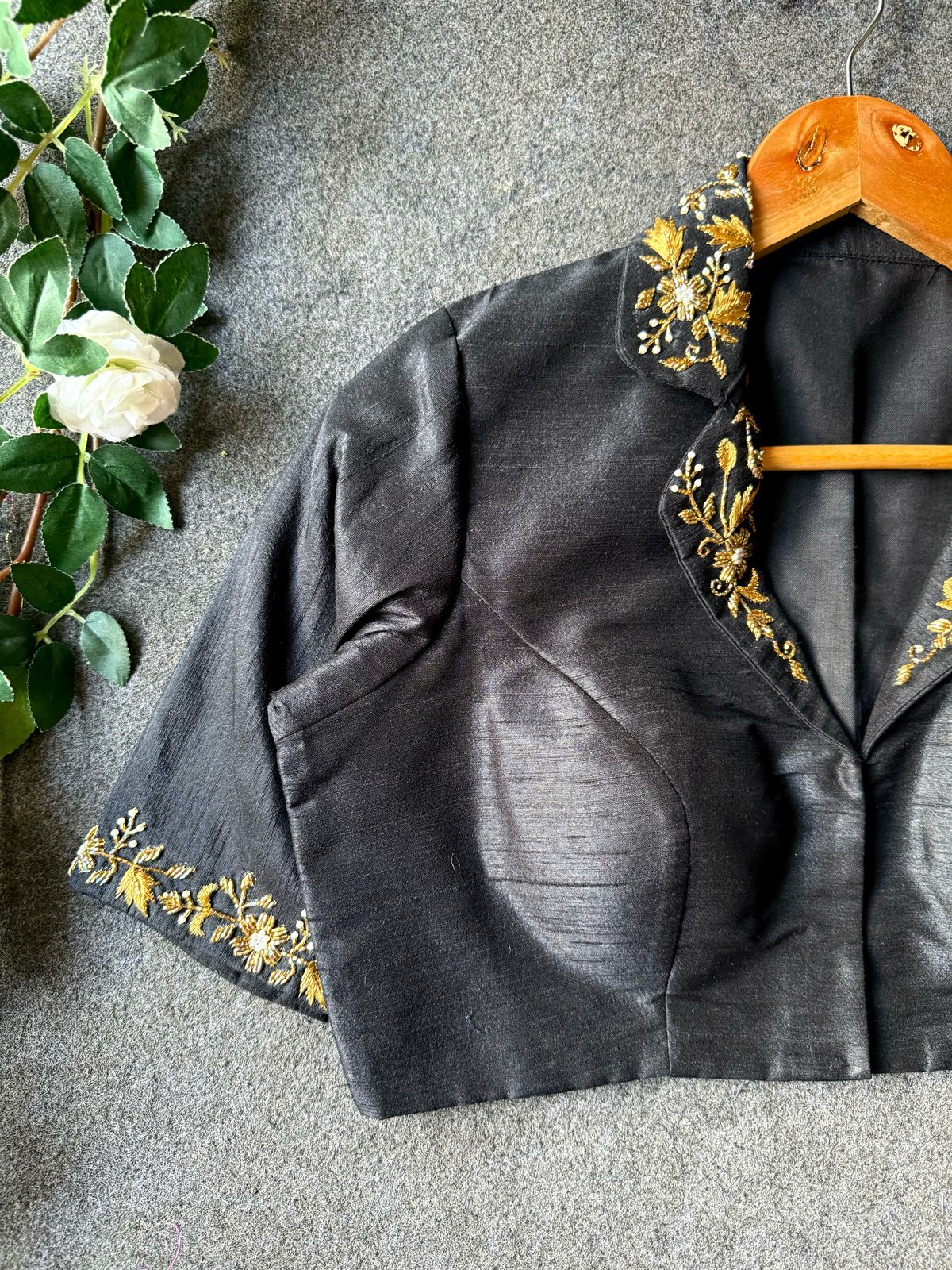 Black silk collar hand worked blouse
