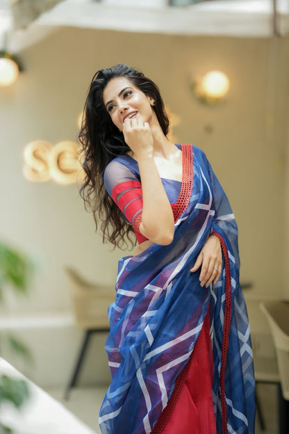 Blue maroon organza saree with patterned blouse