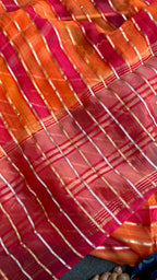 Pink & orange stripped soft organza saree with banarasi hand work blouse