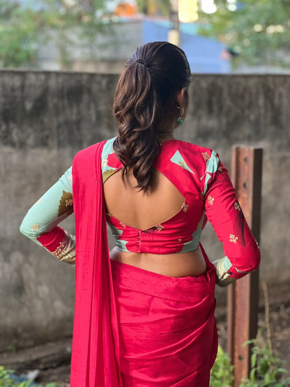 Pink marble silk saree with  embroidery blouseq