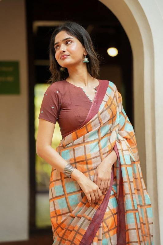 Multi checked viscose jute saree with brown embroidery blouse