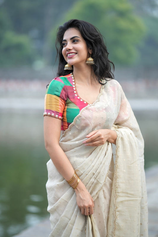 Beige georgette tissue saree with multi hand work blouse