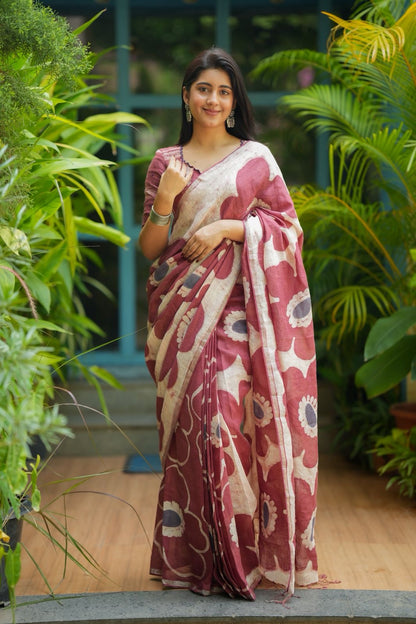 Brown linen floral saree with hand work blouse