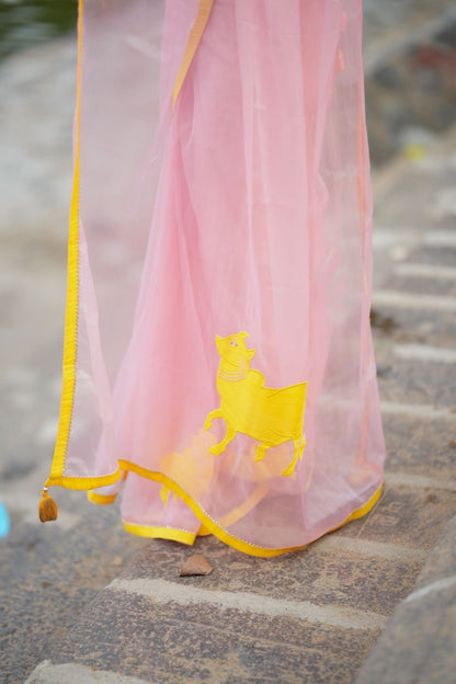 Peach organza saree with yellow hand work blouse