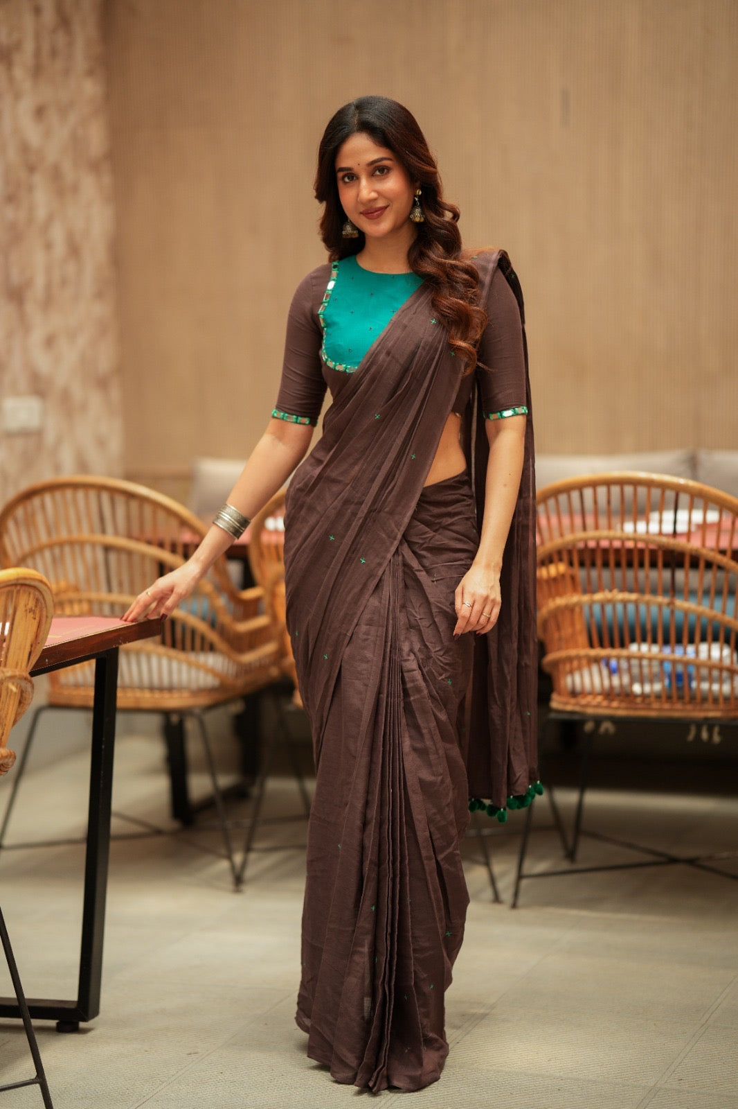 Dark brown mul chanderi with mirror blouse
