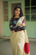 Cream malai chanderi saree with Ajrak handblock print blouse