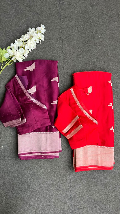 Red malai silk saree with zari work blouse