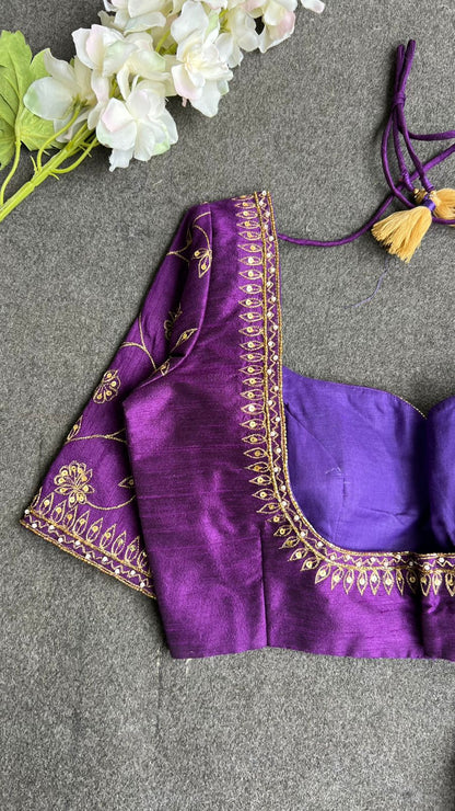 Coffee tissue saree with purple heavy hand work blouse