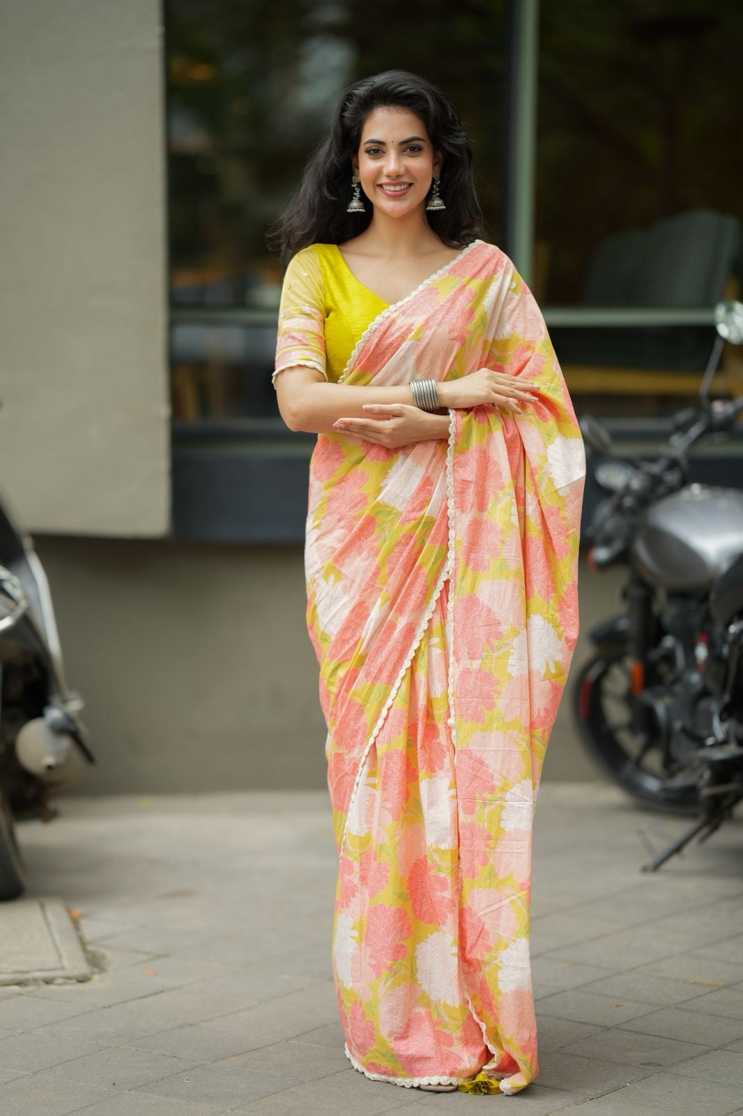 Lime yellow silk & netted hand work blouse (only blouse)