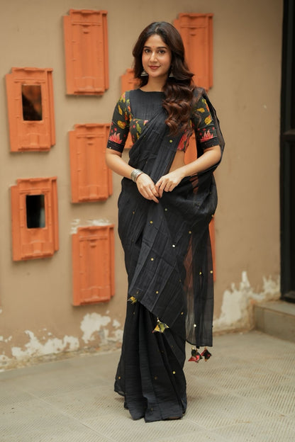 Black chanderi cotton floral print blouse (only blouse)