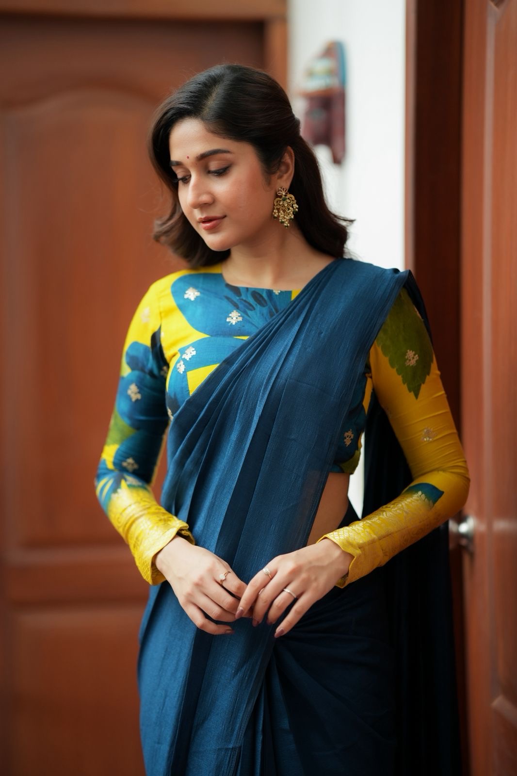Deep blue marble silk saree with embroidery blouse