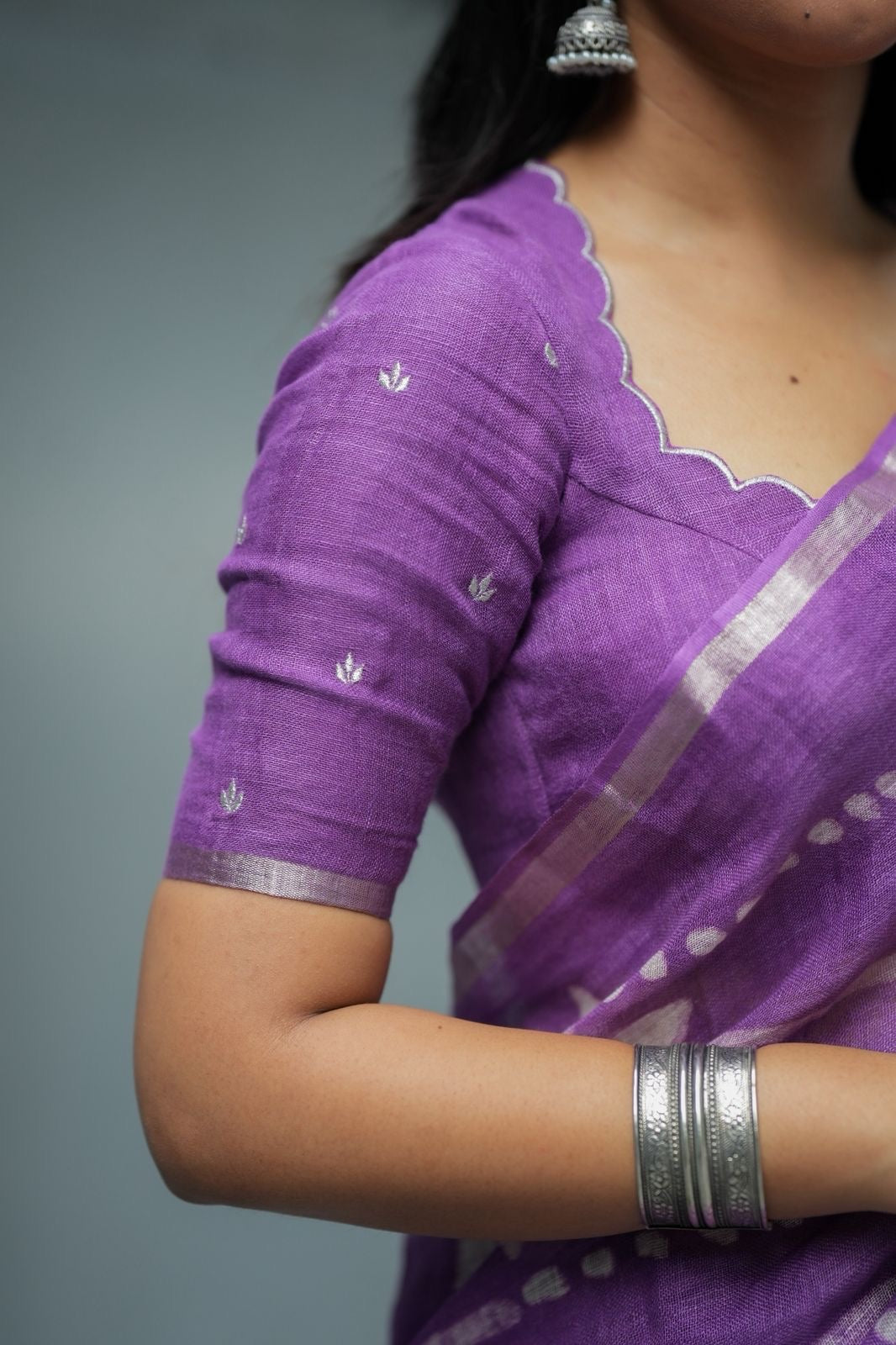 Purple linen floral saree with hand work blouse