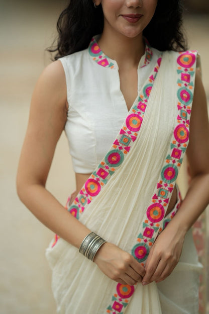 Cream cotton kota saree with embroidery work blouse