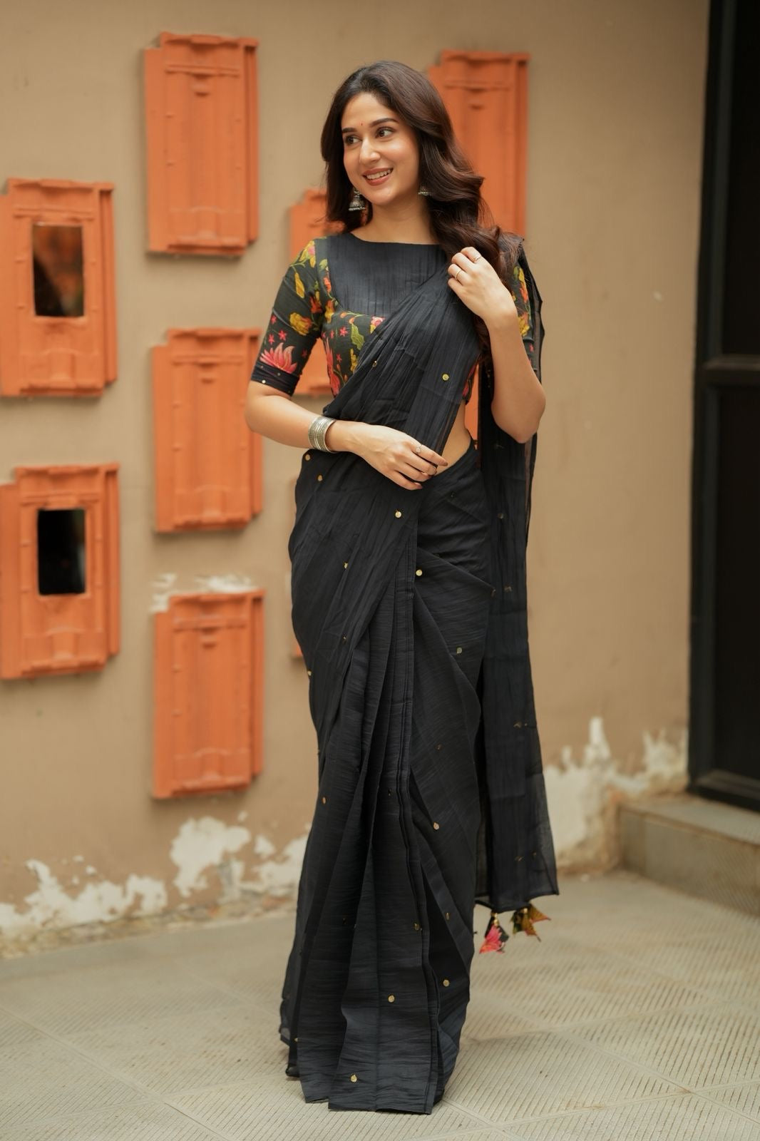 Black chanderi cotton floral print blouse (only blouse)