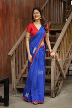 Blue organza cow with red hand work blouse