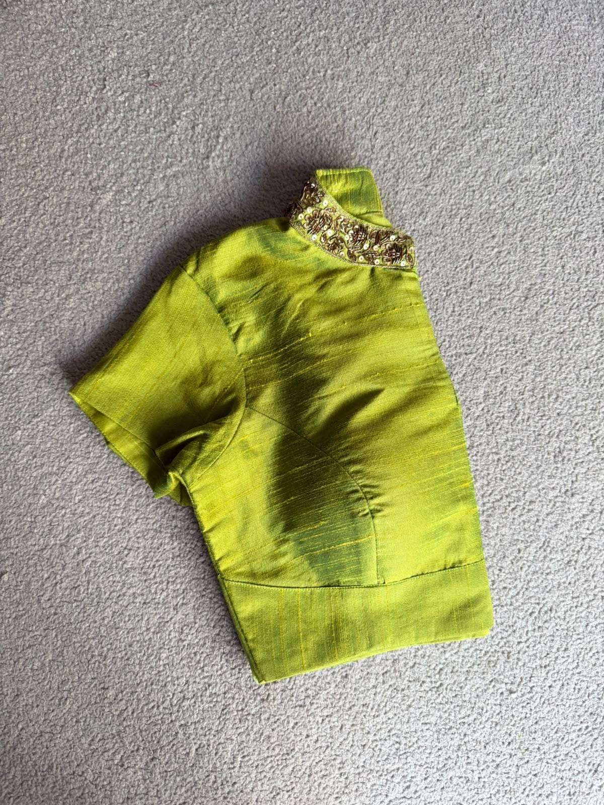 Lime green silk collar hand work blouse