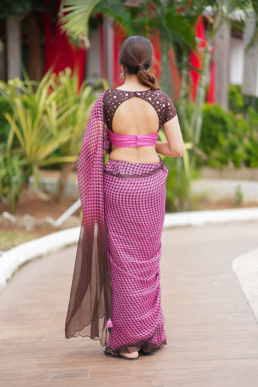Pink viscose jute saree with hand work blouse