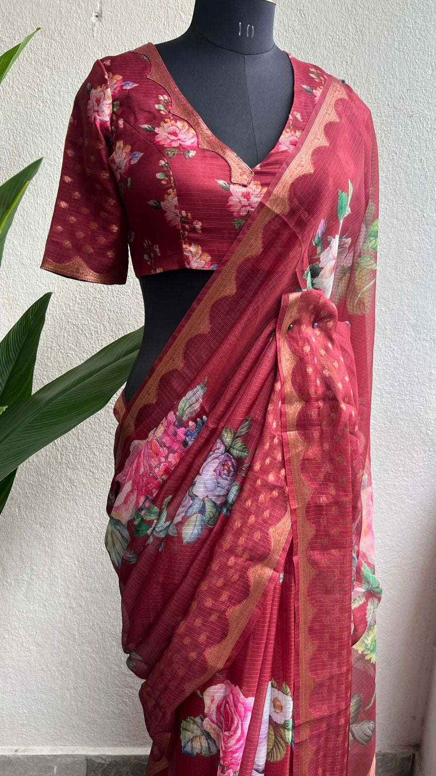 Brown kota floral saree with blouse