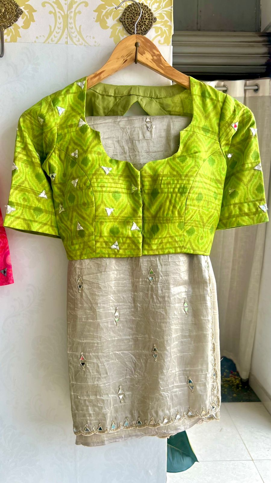 Silver grey tissue mirror work saree with ikkat blouse