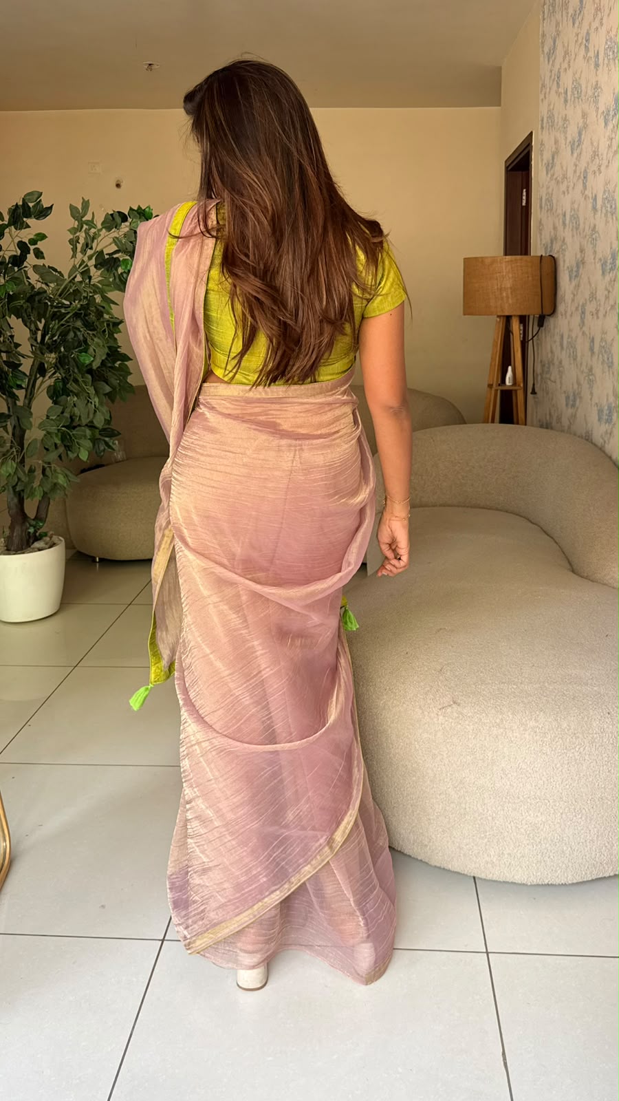 Purple pink tissue saree with hand work blouse