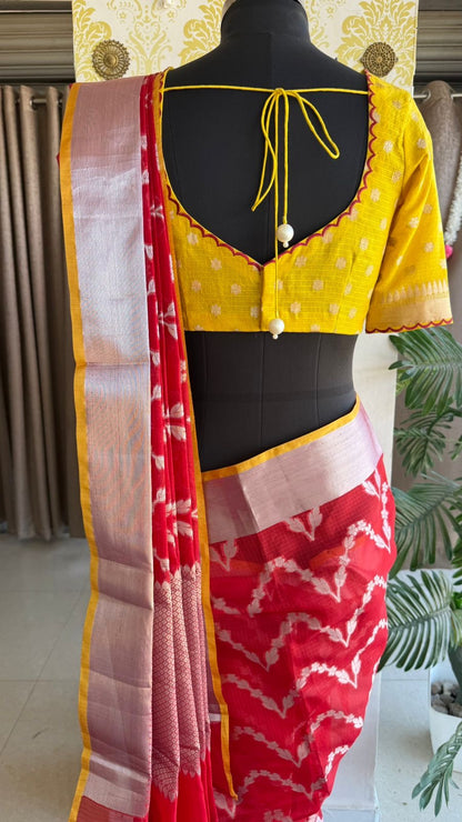 Red soft kota silk saree with yellow embroidered blouse