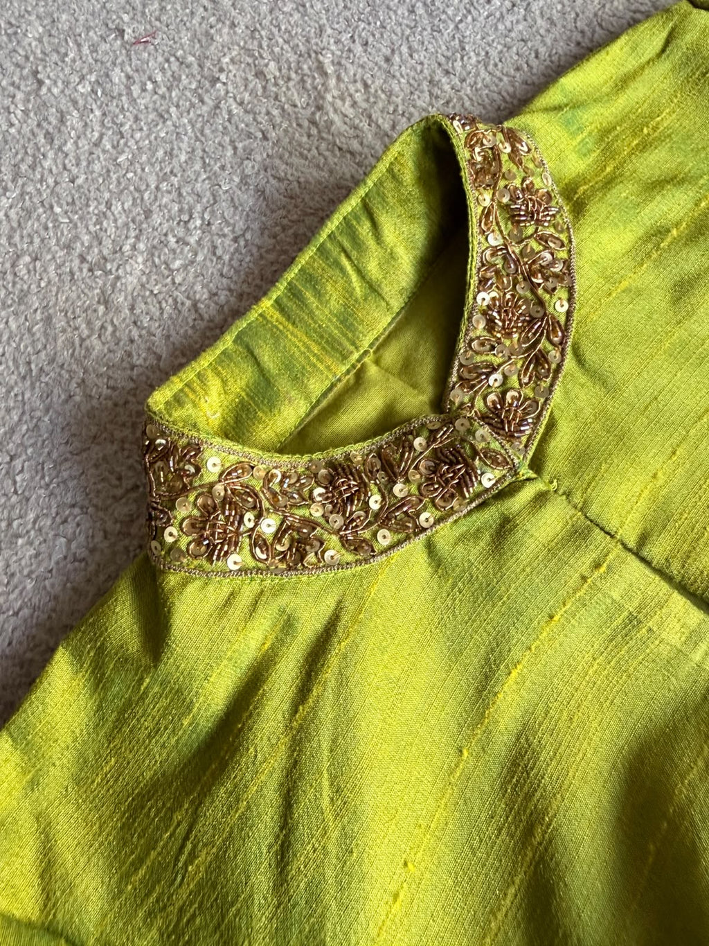 Lime green silk collar hand work blouse