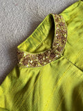 Lime green silk collar hand work blouse