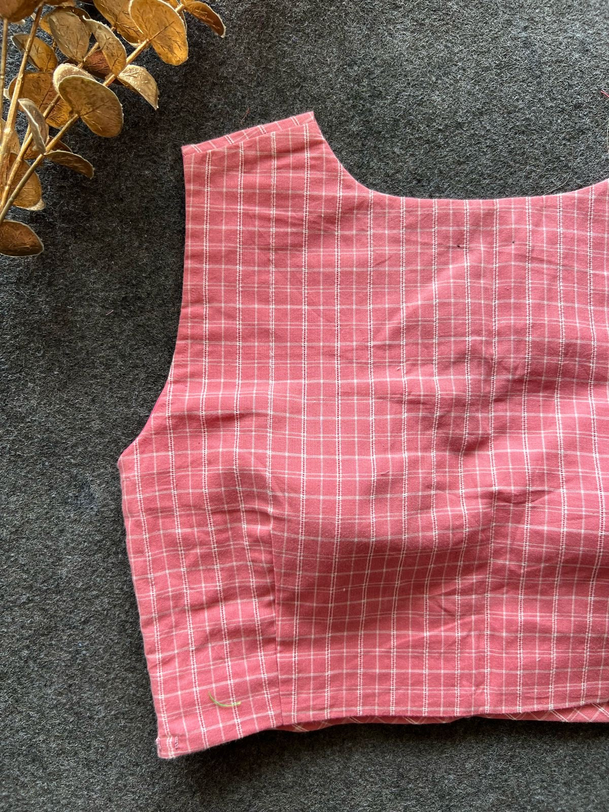 Pink checked printed cotton blouse