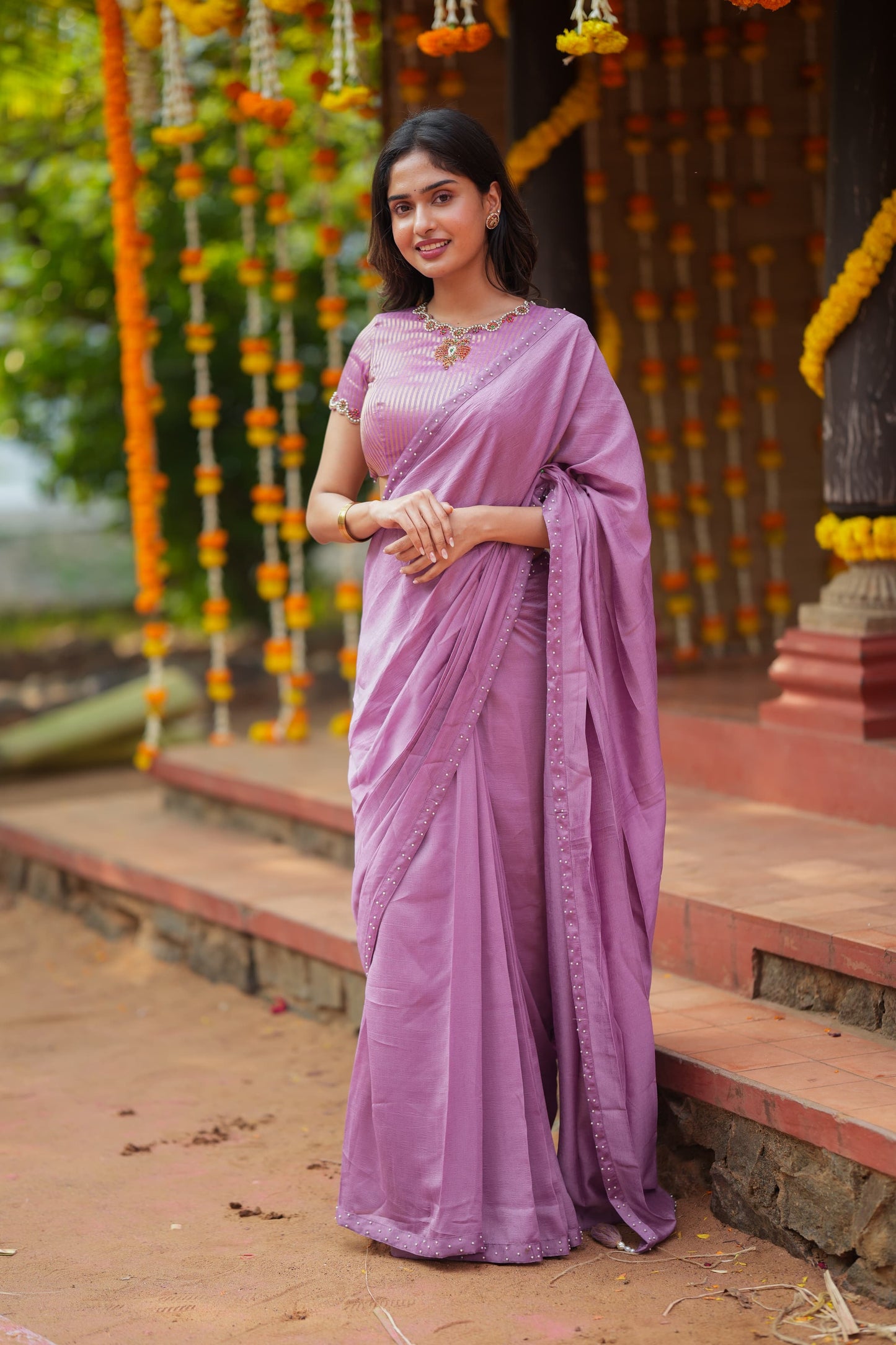 Lavender marble saree with Jewel neck handwork blouse