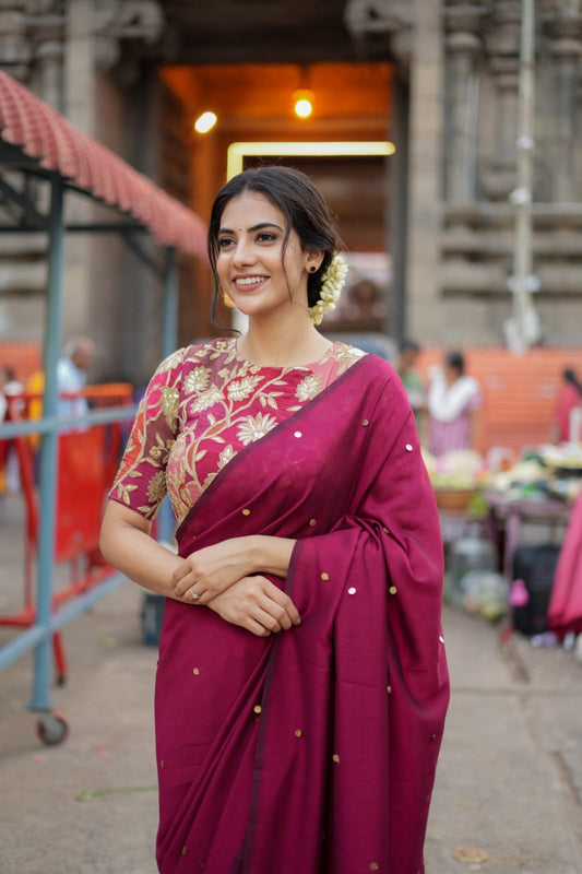 Maroon marble silk saree with embroidery blouse