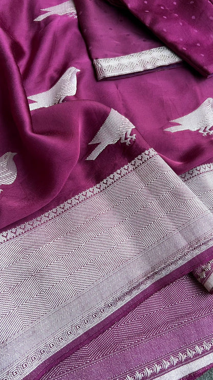 Wine malai silk saree with zari work blouse